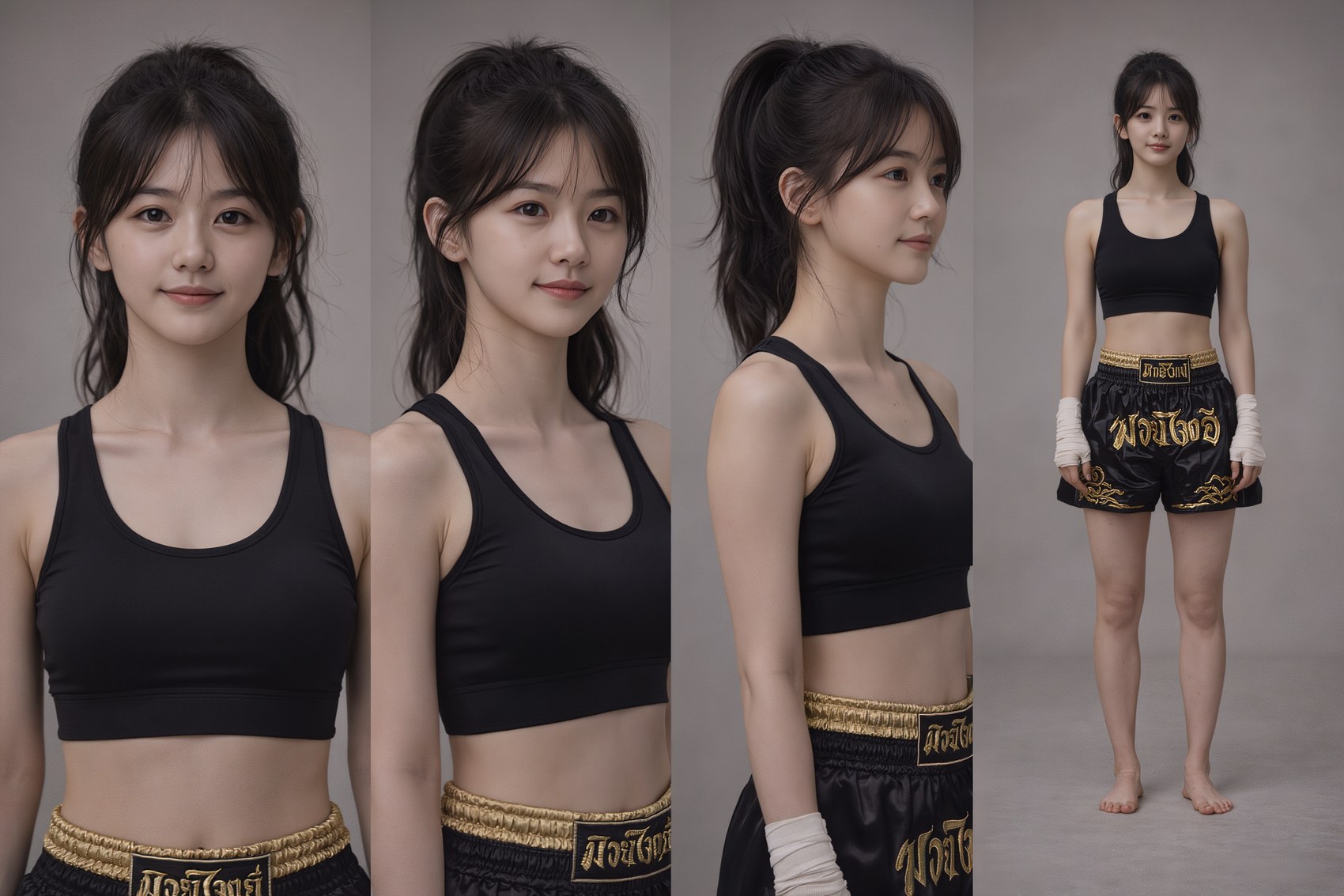 Character reference sheet — Muay Thai wardrobe variant